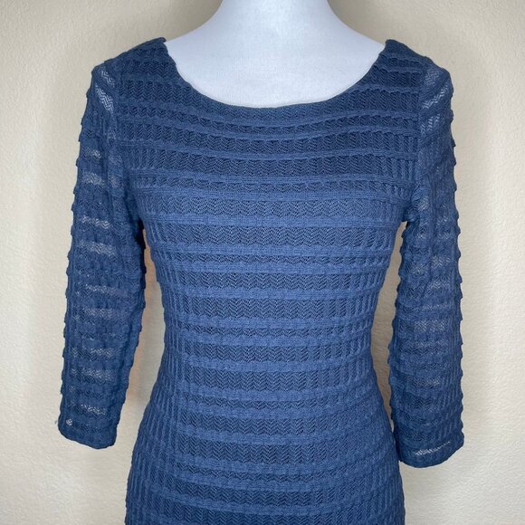 Kay Unger New York Navy Blue Sweater Dress 3/4 Sheer Sleeve Sz 6 Event Occasion - Picture 2 of 12